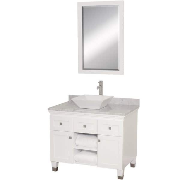 Wyndham Collection Premiere 36 in. Vanity in White with Marble Vanity Top in Carrara White with White Porcelain Sink and Mirror