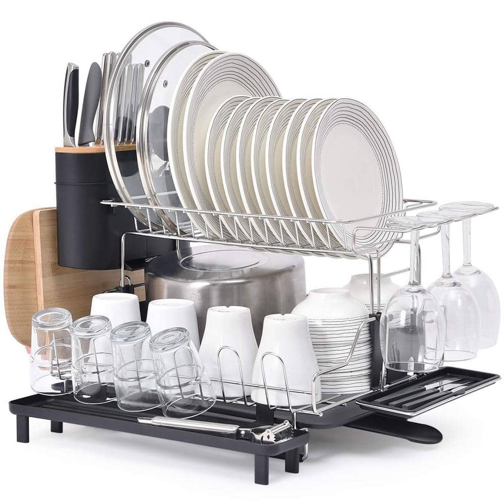 Aoibox 2-Tier Collapsible Vertical Fingerprint-Proof Stainless Steel Drying  Dish Rack with Removable Drip Tray HDSA17KI008 - The Home Depot