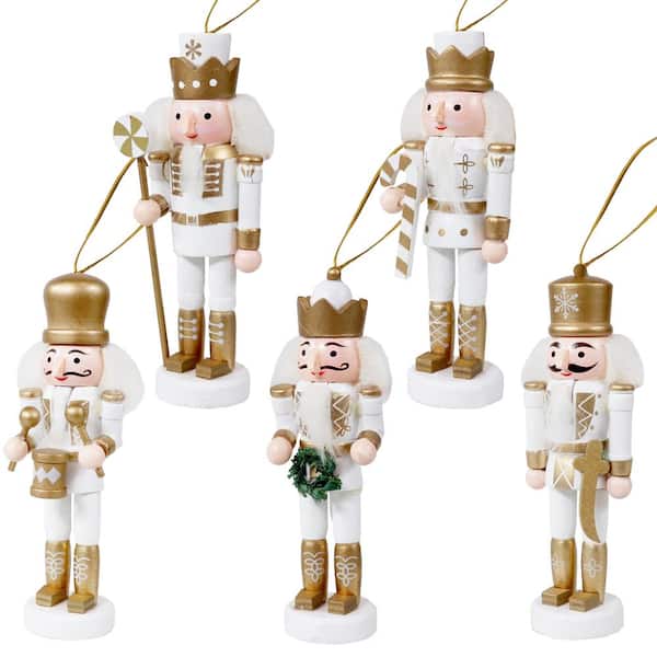 Sunnydaze Nutcracker White and Gold Christmas Hanging Ornament Set (5-Piece)