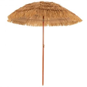 6.5 ft. Iron Portable Tilt Thatched Beach Umbrella in Khaki