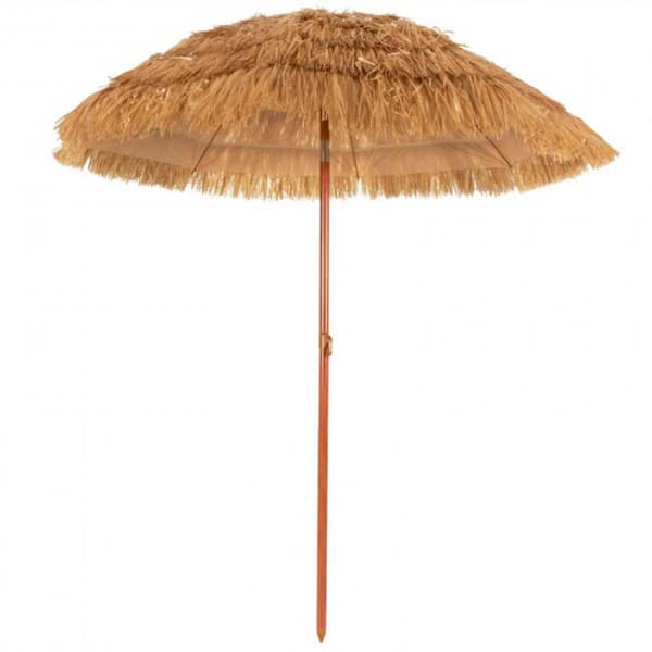 ANGELES HOME 6.5 ft. Iron Portable Tilt Thatched Beach Umbrella in Khaki