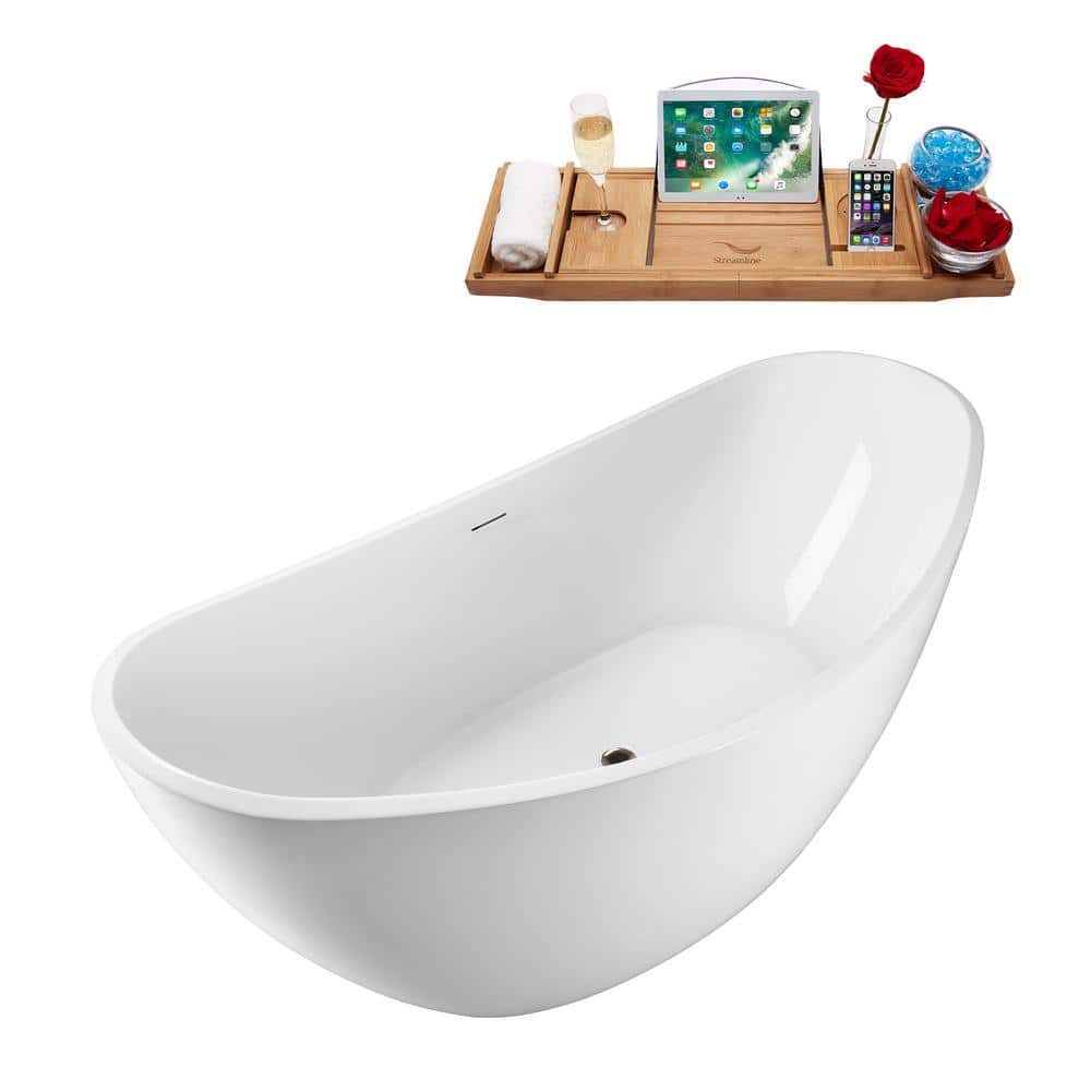 75'' Glossy White Acrylic Freestanding Clawfoot Soaking Bathtub with Bamboo Tray