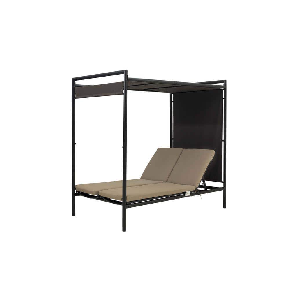 Double Metal Outdoor Patio Day Bed with Brown Cushion-Chaise Lounge for Garden, Poolside, Balcony Relaxation