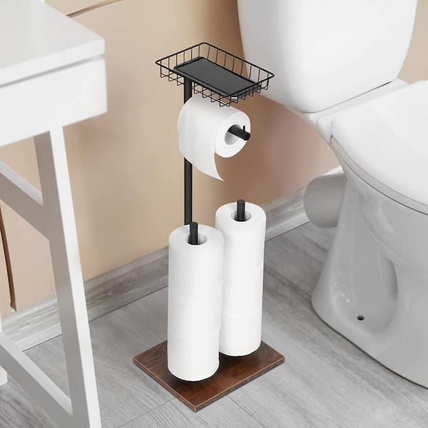 Free Standing Black Toilet Paper Holder Stand with Storage Shelf, Wood