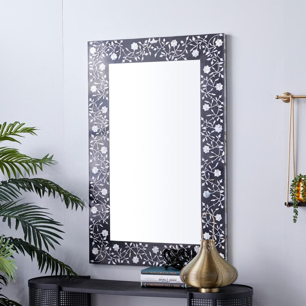 Rectangular Black Wood Wall Mirror with Floral Inlay