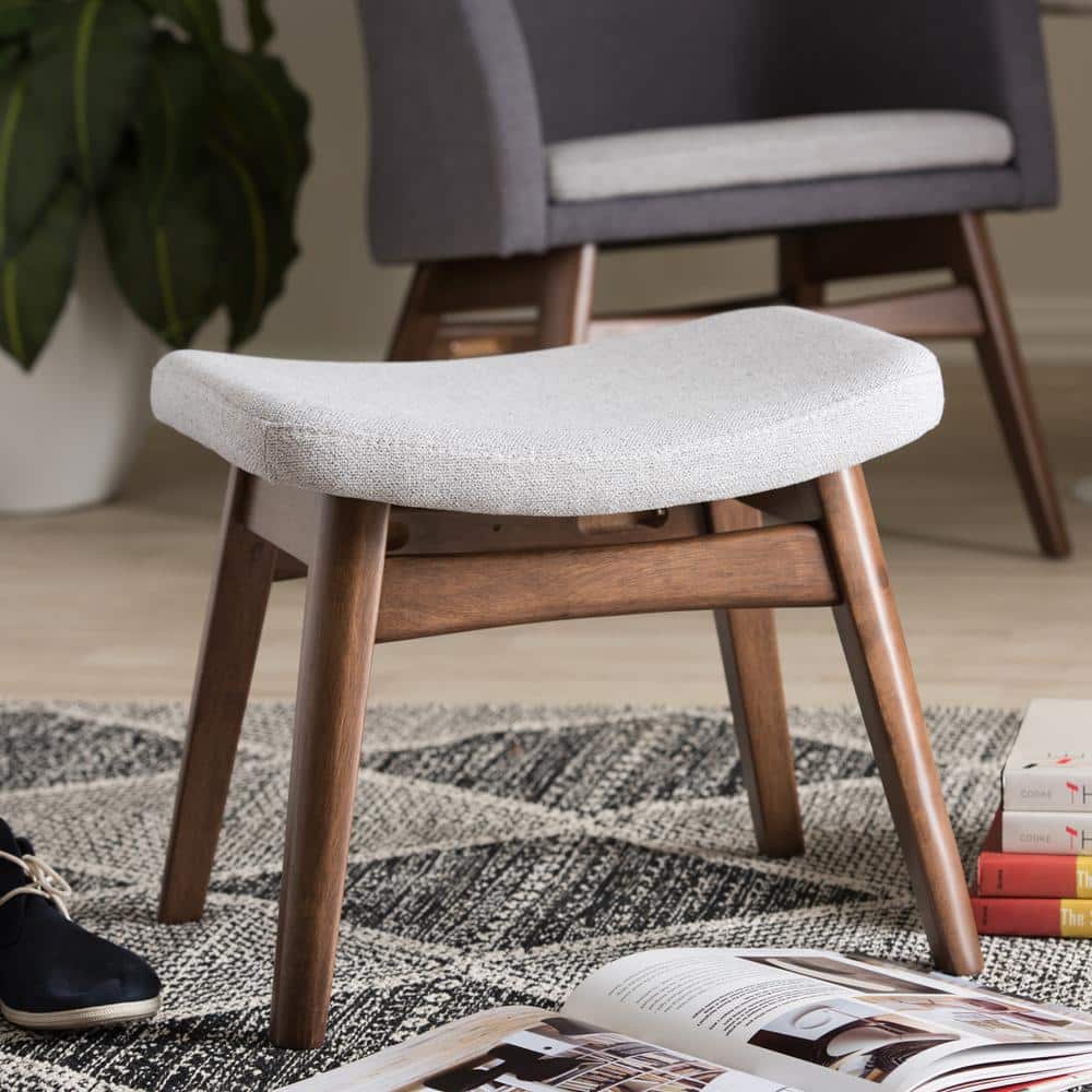 Vera Light Gray Polyester & Walnut Brown Mid-Century Ottoman