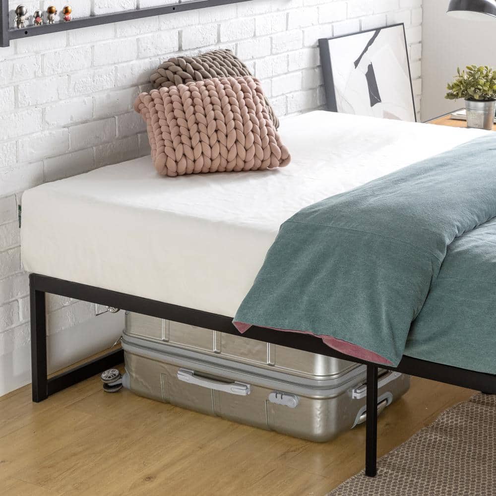 King Black Metal Frame Upholstered Platform Bed with Slats