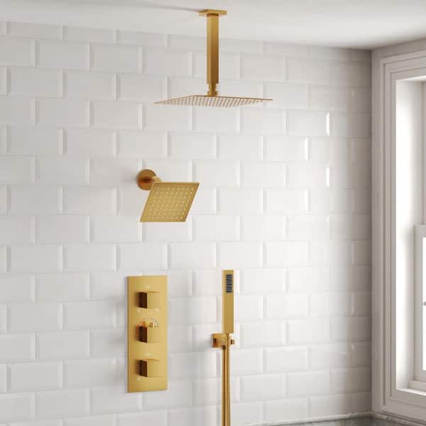 ZenithRain 5-Spray Square High Pressure with Dual Rainfall Showerheads Thermostatic Valve Included in Brushed Gold