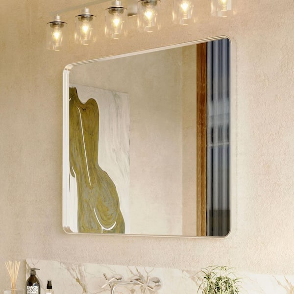 40 in. W x 36 in. H Rectangular Aluminum Framed Modern Silver Rounded Wall Mirror