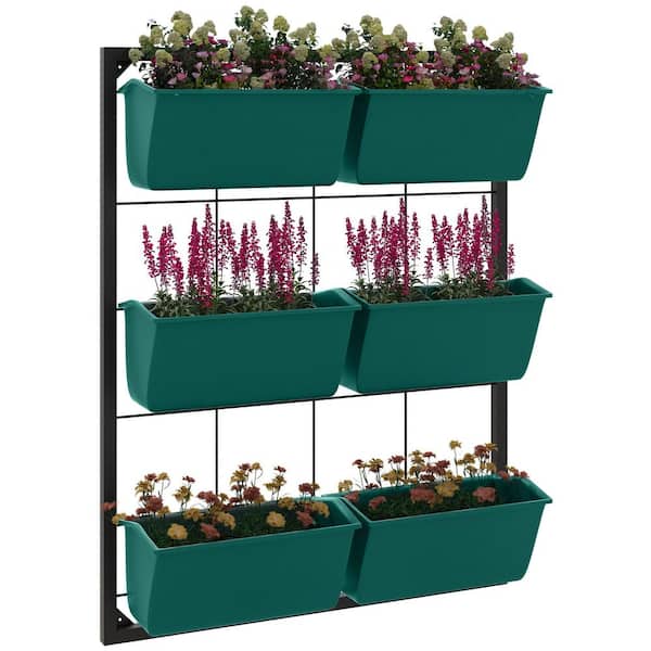 Oyezvary 20.5 in. x 26 in. Green Metal Wall Mounted 3-Tier Wall Planter with 6 Pots, Self Draining for Vegetables, Flowers, Herbs