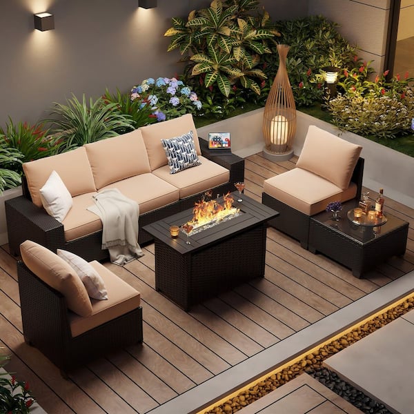 7-Piece Black Wicker Patio Fire Pit Set Sectional Set with Beige Cushions, Gas Fire Pit Table