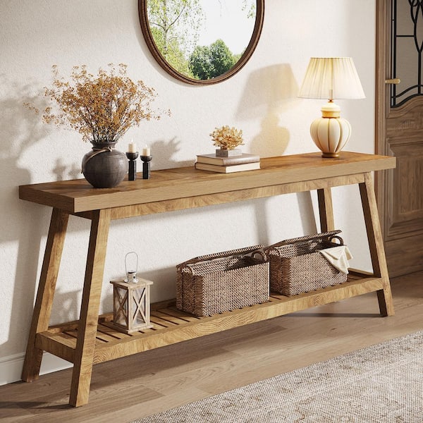 Turrella 70.86 in. Light Brown Rectangle Wood Console Table with 2-Tier Storage for Living Room