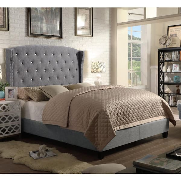 Light Gray Wood Frame Button Tufted Full Platform Bed Vintage Style Bed Frame with Solid Wood Legs