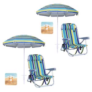 Backpack Beach Chair, Striped Beach Chair with Umbrella, Reclining Beach Chairs for Adults with Cooler (2-Pack)