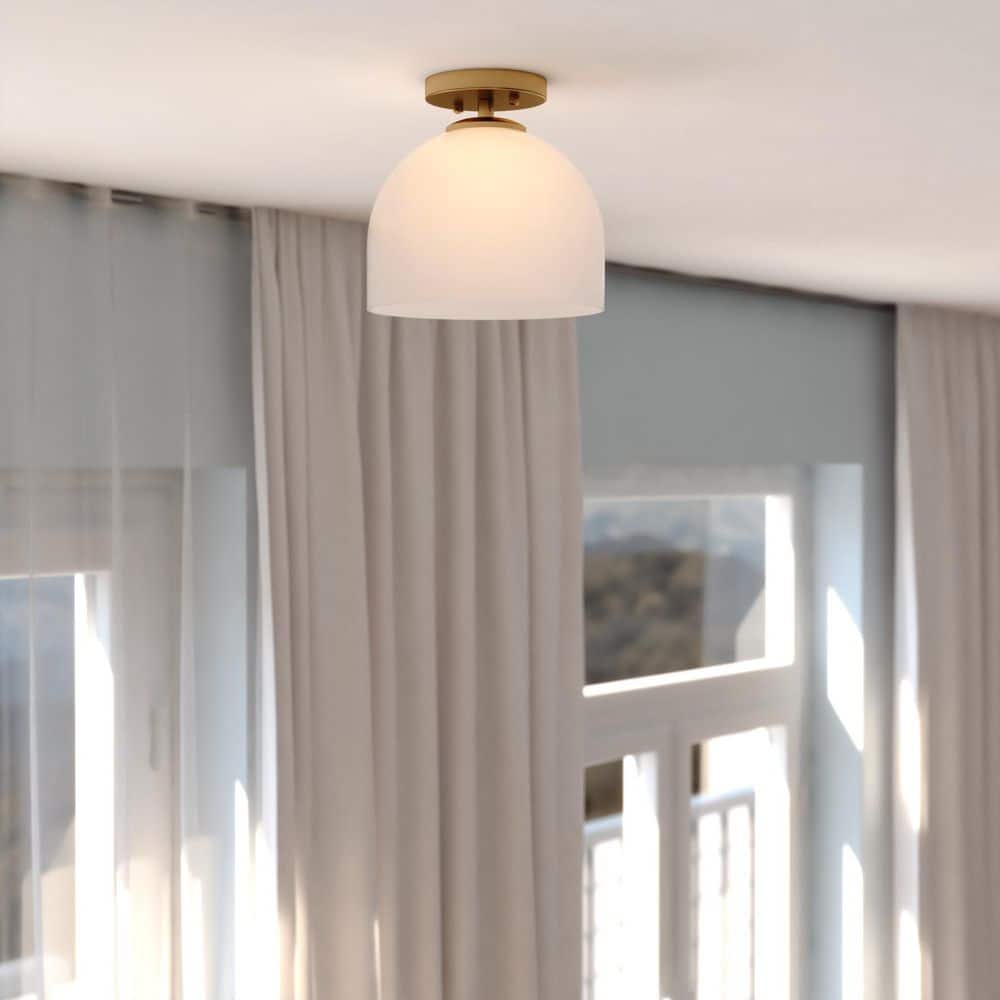 Shelby 9.25-Inch Brass and White Glass Semi-Flush Mount Light