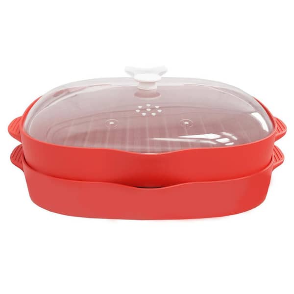 2-Piece Red Silicone Microwave Bacon Maker with Splatter Lid and Triangular High Ridge for Grease-Free Cooking