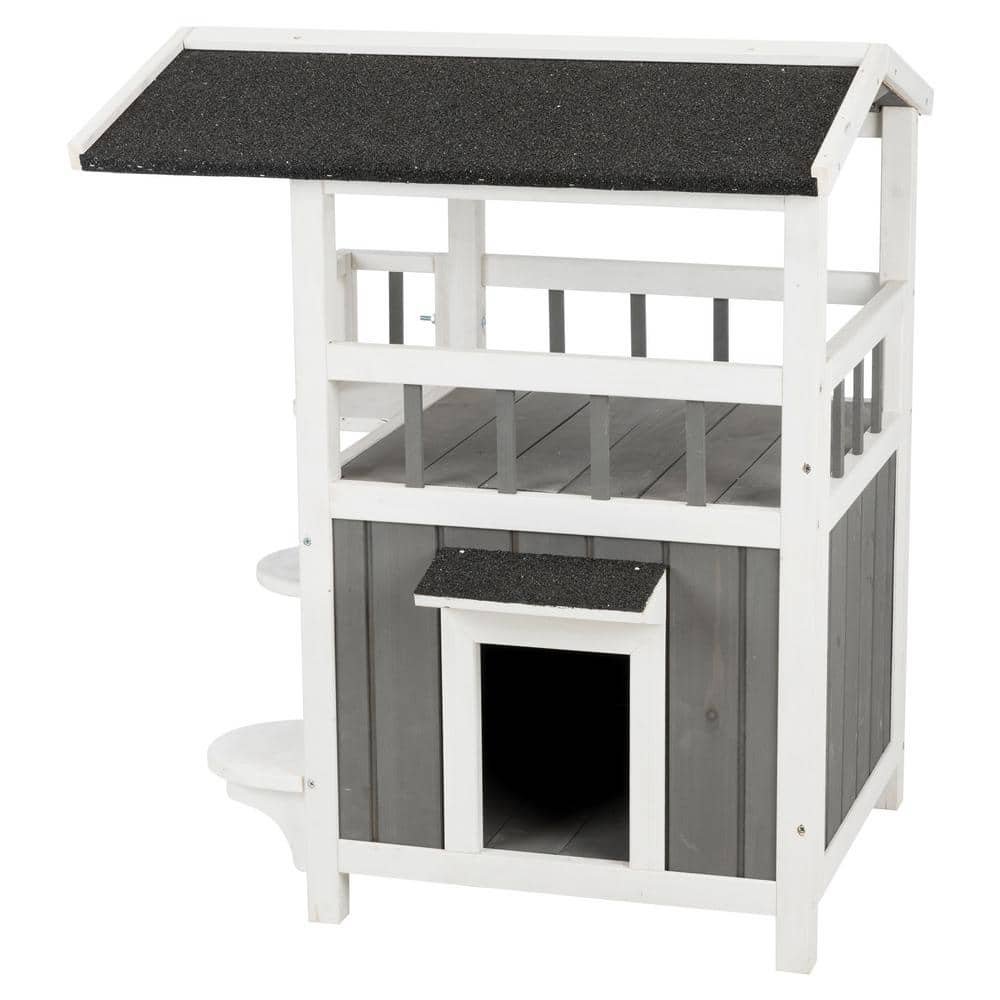 Gray and White Fir Wood Outdoor Cat House with Balcony