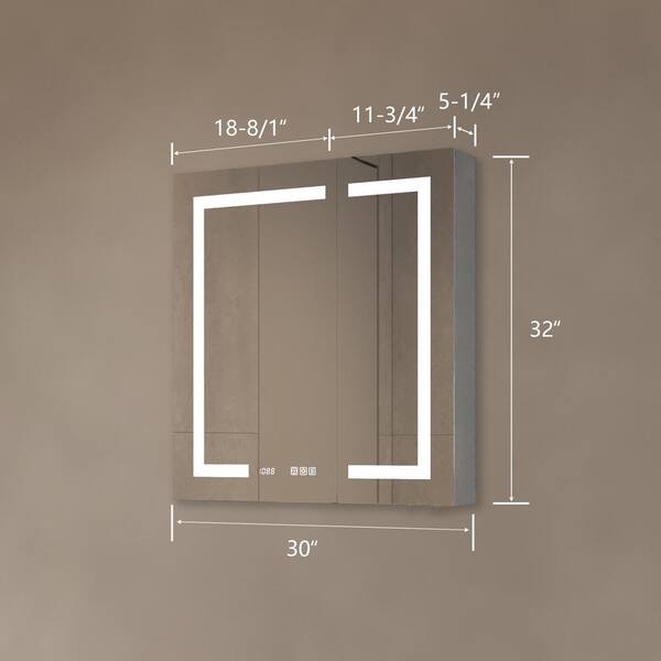 WELLFOR 30 in. W x 32 in. H Rectangular Silver Aluminum Recessed/Surface Mount Medicine Cabinet with Mirror LED and Clock