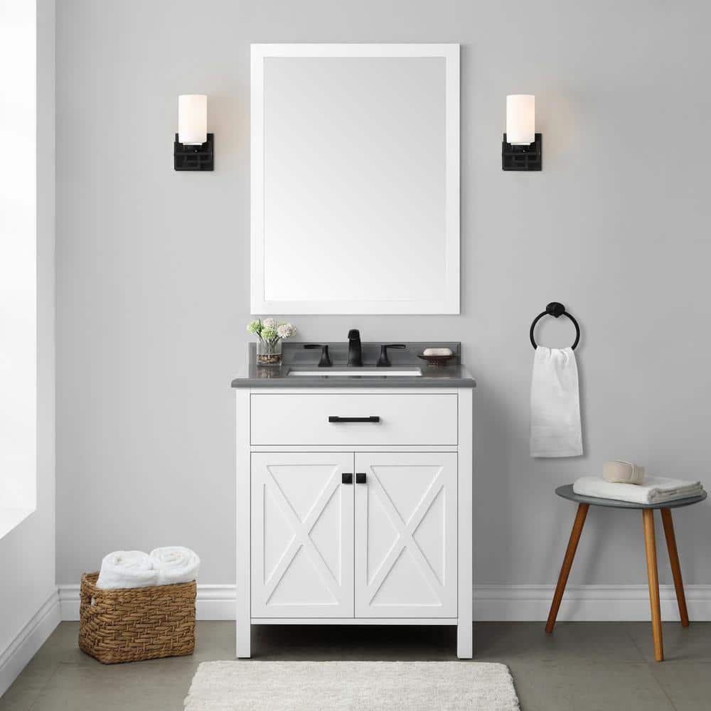 Home Decorators Collection Ainsley 30 in. W x 22 in. D x 34.5 in. H Single Sink Bath Vanity in White with Gray Cultured Stone Top