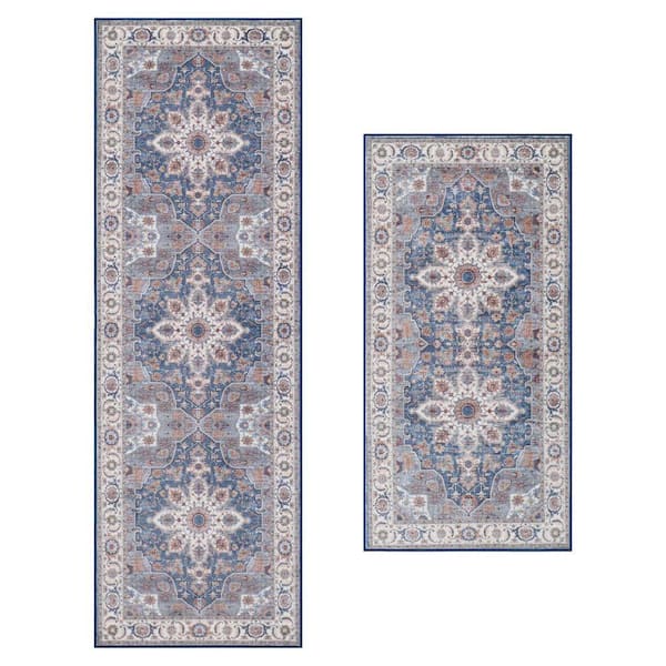 Aliyeh Navy 2 ft. x 6 ft. Woven Medallion Polyester 2-Piece Rug Set