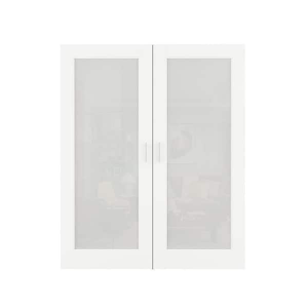 68 in. x 80 in. 1-Lite Frosted Glass White Solid Core Finished Glass French Door Panels Bi-Fold Door with Ball Catch