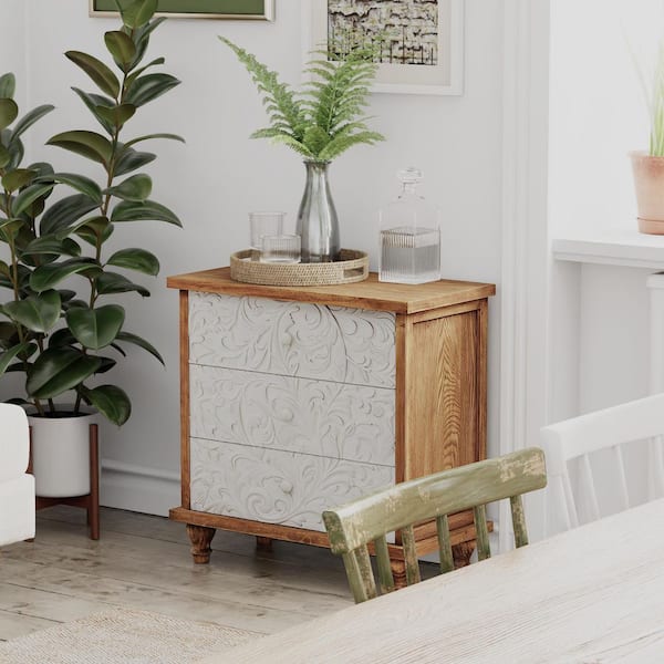 FUIN Farmhouse White 3-Drawer 25.98 in. Wide Chest of Drawers with Embossed Weathered Flower Motif
