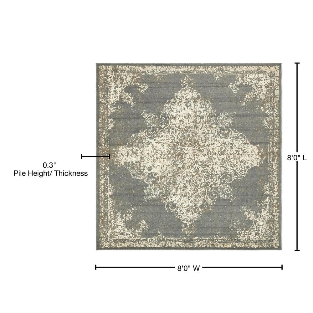 Gray Abstract Square Stain-Resistant Synthetic Rug, 8' x 8'