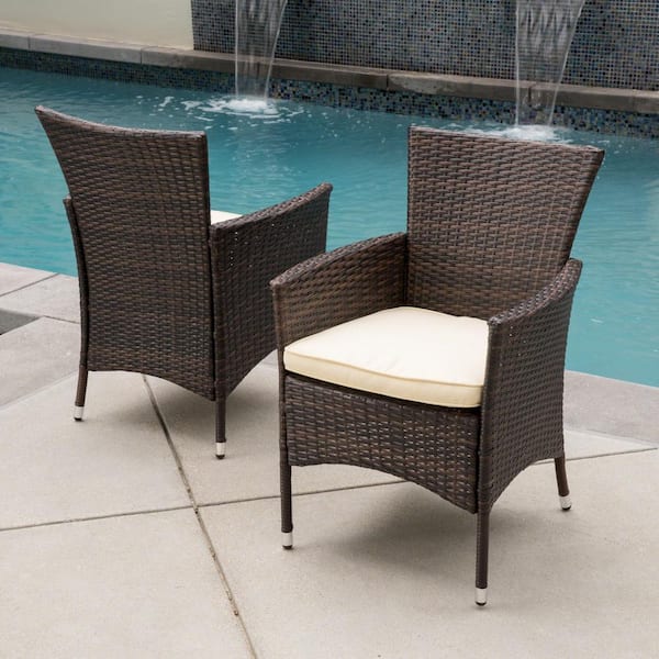 Noble House Malta Multibrown Removable Cushions Faux Rattan Outdoor Dining Chair with Beige Cushions (2-Pack)