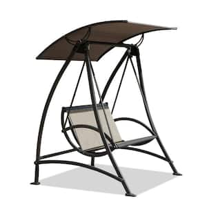 52 in. 2-Person Steel Outdoor Metal Patio Swing Chair with Adjustable Canopy in Dark Brown