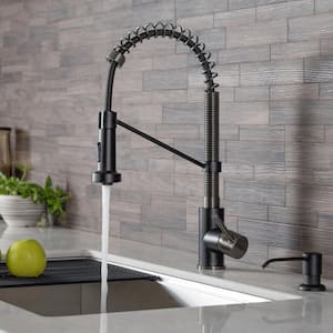 Single Handle 18-Inch Pull Down Kitchen Faucet with Dual Function Spray Head in Matte Black/Black Stainless