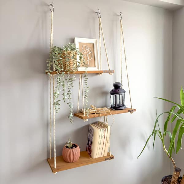 Swing Rope Wall Hanging Shelves Wood Kitchen Shelf 3 Tiers Rustic Storage  Rack