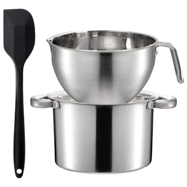 2 Piece 1.8 qt Silver Stainless Steel Double Boiler Pot Set with Silicone Spatula for Melting Chocolate Butter