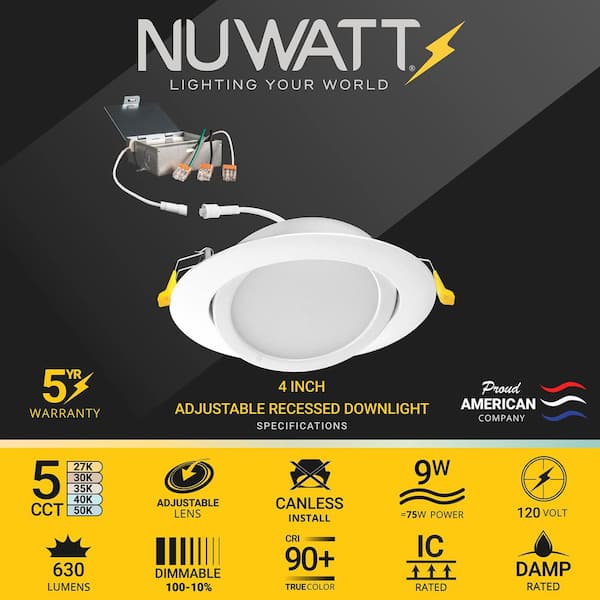 12-pack 4 in. LED White Adjustable Ultra Slim Canless Integrated LED Recessed Light Kit 5 CCT 2700K to 5000K Dimmable