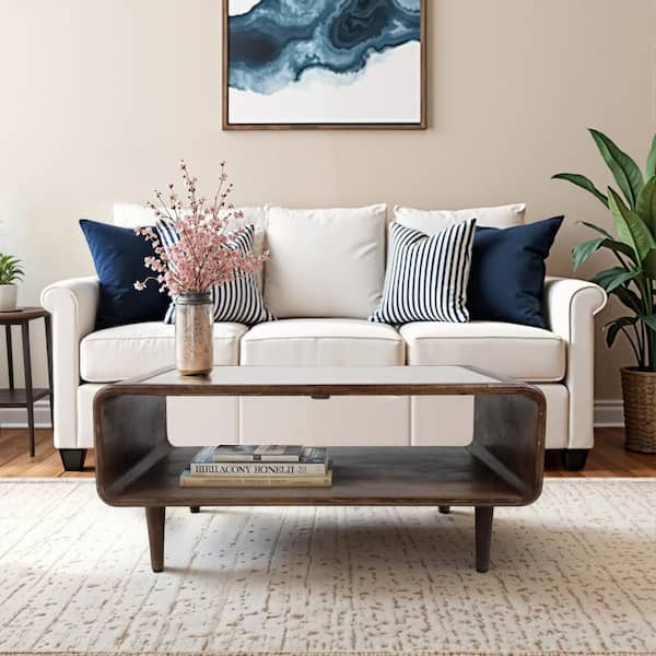 36 in. Brown Rectangle Travertine Stone Coffee Table with Open Storage Shelf