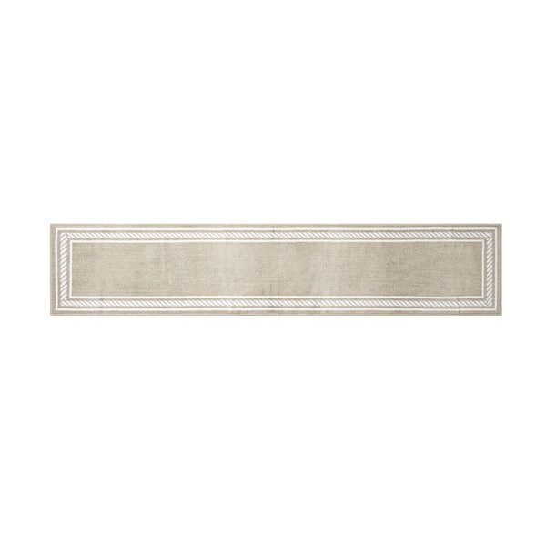 Washable Skid Resistant Beige /White 2.6 ft. x 12 ft. All Loop Tufted Area Rug