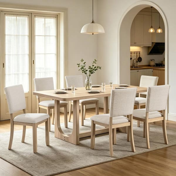 Modern 7-Piece Light Oak Finish Wood Rectangle Dining Table Set with Upholstered Chairs, 6 Seats