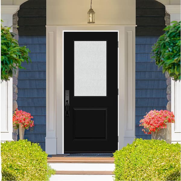 Legacy 36 in. W x 80 in. 1/2 Lite Rain Glass LHOS Primed Black Finish Fiberglass Prehung Front Door