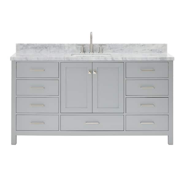 Cambridge 66 in. Single Sink Freestanding Bathroom Vanity in Gray with Carrara White Marble Top