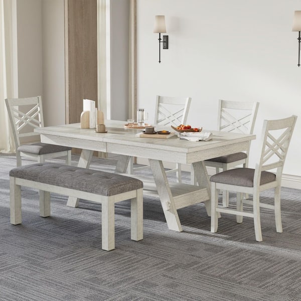 Rustic Farmhouse 6-Piece Dining Set - Extendable Table with Cross-Back Chairs and Padded Bench for Modern Homes