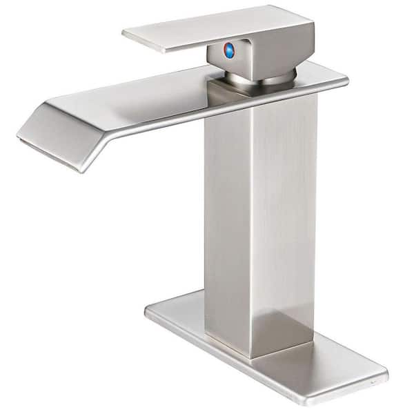 BWE Waterfall Single Hole Single-Handle Low-Arc Bathroom Faucet With Supply Line and Escutcheon in Brushed Nickel
