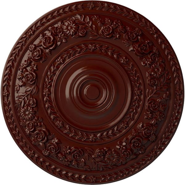 Ekena Millwork 33-7/8" x 2-3/8" Rose Urethane Ceiling Medallion (Fits Canopies up to 13-1/2"), Brushed Mahogany