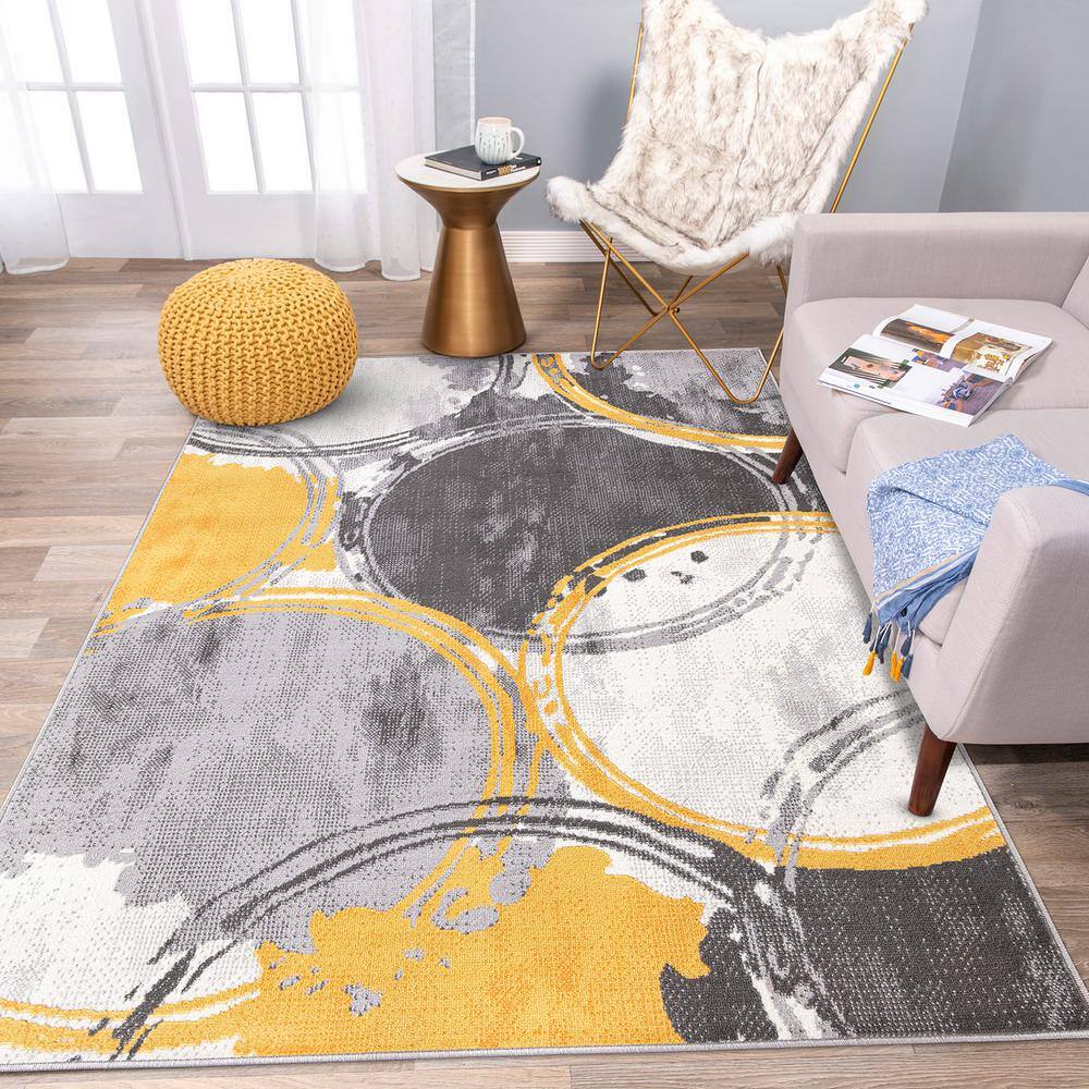 Yellow and Gray Geometric Circles 5' x 7' Synthetic Area Rug