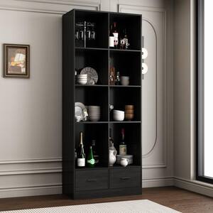 Black 78.7 in. H Wooden Storage Cabinet, Accent Standard Bookcase with 8-Shelf & 2-Drawers for Living Room Stroage