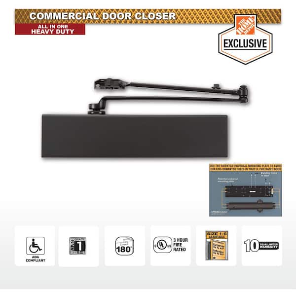 Universal Hardware Size 1-6 All-In-One Commercial Door Closer with Universal Mount Plate - ANSI Grade 1, UL 3-Hour Fire, ADA, Bronze