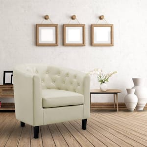 Cream Faux Leather Arm Chair, Button Tufted Chair, Midcentury Modern Accent Chair Comfy Armchair