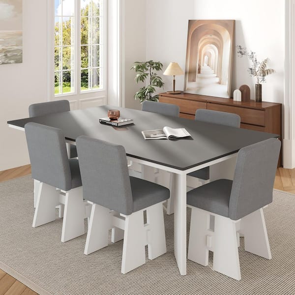Dark Gray and White Modern 7-Piece Durable Solid Wood Dining Table Set with 6 Upholstered Dining Chairs