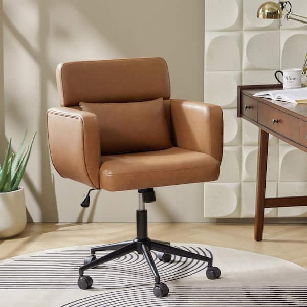 JAYDEN CREATION Roxanne Camel 25.5 in. Mid-Century Modern Faux Leather Swivel and Tilt Office Chair with Adjustable Backrest Height