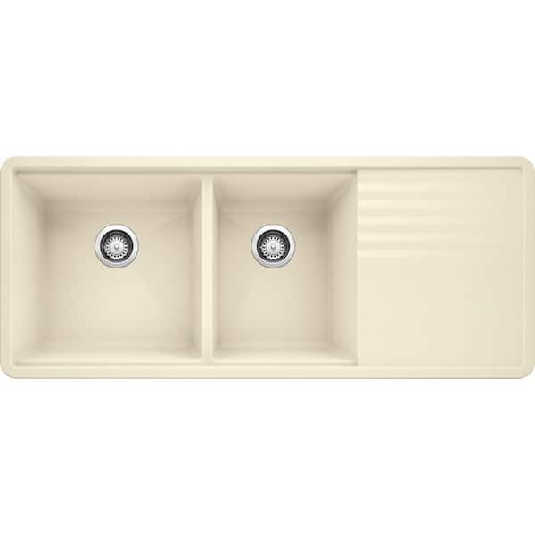 Blanco PRECIS Undermount Granite Composite 48 in. 60/40 Double Bowl Kitchen Sink with Drainer in Biscuit