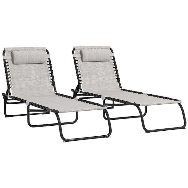 Outsunny Folding Chaise Lounge Pool Chair Cream White 2-Piece Steel Outdoor Recliner