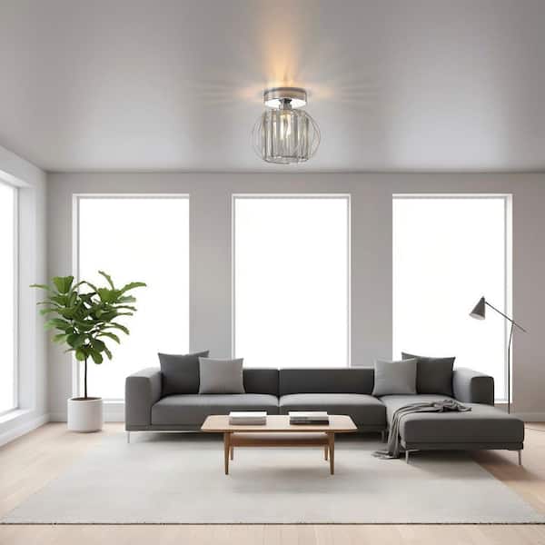 7 in. 1-Light Chrome Modern Crystal Semi Flush Mount Ceiling Light for Hallway, Entryway, or Bedroom with Cage Design
